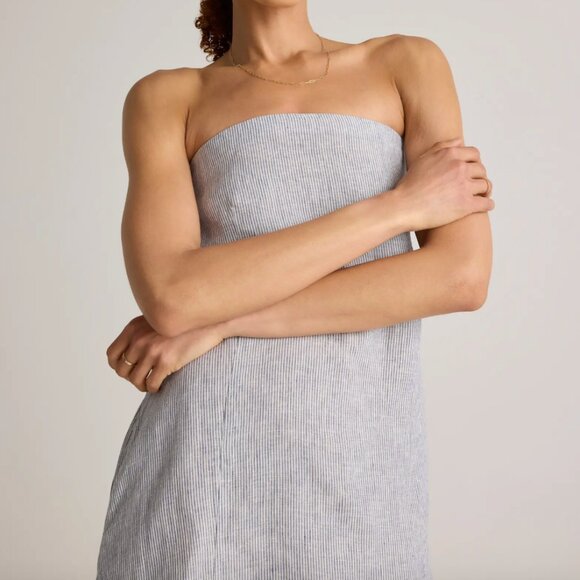 (Quince) 100% European Linen Strapless Maxi Dress - Blue Pinstripe - Picture 2 of 11